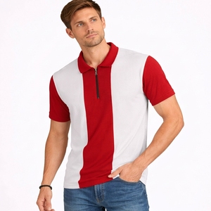 Factory Price Men's Zipper Front Design Short Sleeve Knitted Terry Fabric Polyester Breathable Formal Style for Shirt White red - Product Image 1