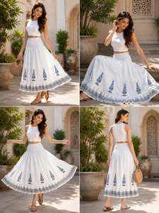 Falda de algodón orgánico para mujer, estampado de bloques, diseño escalonado, maxi, con dobladillo acampanado, cintura elástica, forro, vestido para vacaciones. - Product Image 5