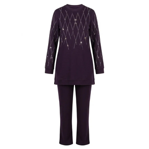 Rhinestone Pattern <b>Modest</b> Tracksuit Women Embroidered Long Top and Straight Pants <b>Set</b> Muslim Evening Loungewear - Product Image 1