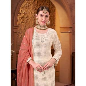Vêtements traditionnels chinois de créateur - Haut, bas et dupatta brodés pour les fêtes - Product Image 3