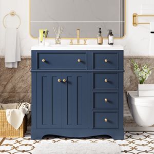 Mobile bagno freestanding da 36 pollici con 3 cassetti, telaio in legno massello e lavabo in resina - Combinazione mobiletto contenitore per bagno - Product Image 2