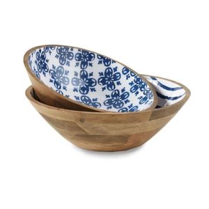 Moderno Tazón de Madera Esmaltado con Diseño Floral Azul, Tazón Grande para Servir Ensaladas, Tazón Decorativo de Madera de Mango Ecológico para Hogar, Hotel, Venta al por Mayor - Product Image 1