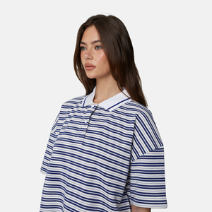 Polo de Manga Corta a Rayas para Mujer, Tejido, Casual, con Patrón Azul y Blanco - Product Image 5