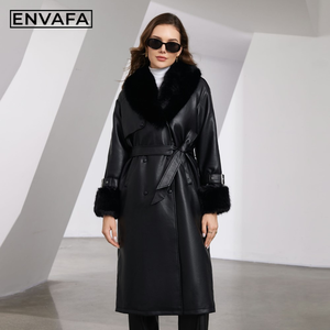 New Women Winter Faux <b>Fur</b> Trimmed PU Leather Eco-Friendly Thick Double Breasted Long Jacket Warm Fashion Outerwear OEM ODM - Product Image 4
