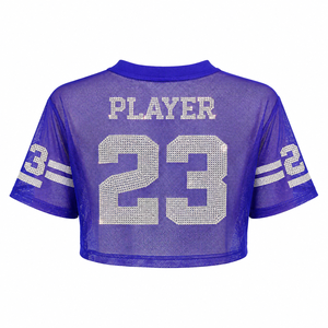 OEM Breathable Eyelet Mesh See Through Crop <b>Top</b> American Football Jersey Custom <b>Rhinestone</b> Letter Print Boxy Sport Y2K Bling Tee - Product Image 5