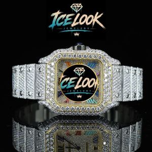 Montre à quartz de luxe en acier inoxydable Ice Look, cadran rectangulaire, incrustation de cristal saphir, bracelet décoré de strass, bijoux de mode - Product Image 1