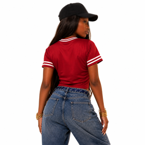 Custom Women <b>Red</b> American Football Jersey V-Neck Striped Sleeve <b>Crop</b> <b>Top</b> Urban USA Streetwear Fashion Slim Fit Training Shirt - Product Image 2
