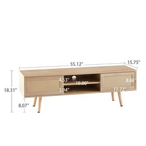 Mobile TV in Legno Massello da 140 cm con Gambe in Rattan, Ripiano Regolabile e Doppie Ante Scorrevoli - Mobile Contenitore Naturale per Soggiorno - Product Image 5