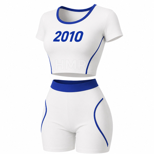 Ensemble de sport athlétique 2 pièces personnalisé HMR Sorority Sisterhood pour femme : Crop Top et Short Cycliste Rose et Bleu Ciel – OEM ODM - Product Image 5