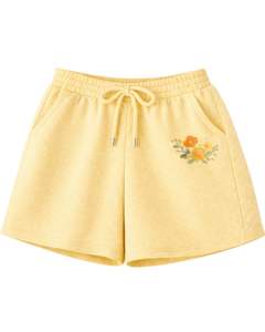 Ensemble décontracté deux pièces pour femme : débardeur court côtelé et short à cordon de serrage, broderie florale jaune douce – Fabricant - Product Image 2