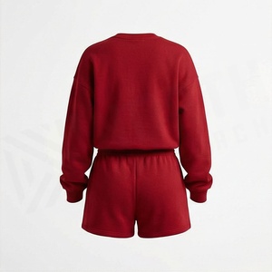 Conjunto de 2 Piezas para Mujer, Sudadera de Felpa y Pantalones Cortos, Cuello Redondo, Manga Larga, Corte Holgado, Sobre la Rodilla, Estampado de Letras Rojas, Ropa Casual - Product Image 2