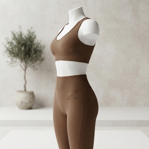 Conjunto Deportivo de Dos Piezas para Mujer, Sujetador Deportivo Marrón con Cuello en V, Leggings de Cintura Alta, para Yoga, Gimnasio, Fitness, Ejercicio - Product Image 2