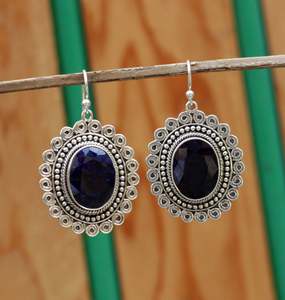 Boucles d'oreilles pendantes ovales en saphir bleu naturel, argent sterling 925, faites à la main, bijoux vintage en pierres précieuses, vente en gros - Product Image 4