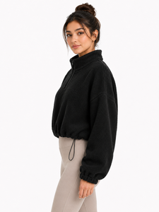 เสื้อสเวตเชิ้ตผู้หญิงพรีเมียมสีดำ ผ้าเชอร์ปา ขนฟู ซิปครึ่งตัว แบบสั้น สวมใส่สบาย หนา อุ่น เหมาะสำหรับฤดูหนาว ผ้าขนเท็ดดี้เนื้อนุ่ม - Product Image 2