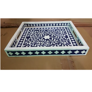 Bandeja decorativa rectangular con incrustaciones de hueso de madera, plato para servir con diseño floral, decoración de mesa para bodas y cenas a precio de mayorista. - Product Image 6