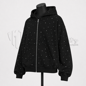 Custom Wholesale <b>Black</b> Rhinestone <b>Zip</b> <b>Up</b> <b>Hoodie</b> OEM ODM Streetwear Manufacturer Supplier - Product Image 3