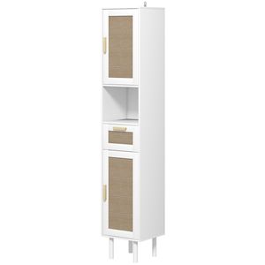 Gabinete de almacenamiento de baño blanco independiente de 67 \ "de alto estrecho con puertas de ratán y estantes ajustables - Product Image 1