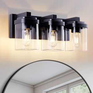 Lampada da bagno a 3 luci cromata con paralumi in vetro trasparente - Product Image 1