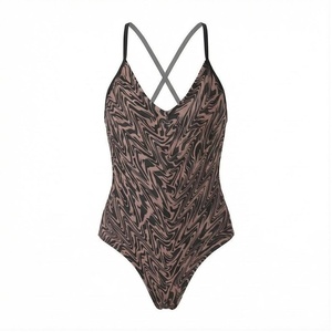 Maillot de bain une pièce pour femme, imprimé géométrique, col halter croisé, extensible, en spandex et polyester, vêtements de plage - Product Image 1