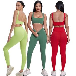 Ensemble de leggings et soutien-gorge croisé doux pour femmes, ensemble de leggings de fitness et de gym à compression, soutien-gorge de sport antichoc, tenue deux pièces - Product Image 6