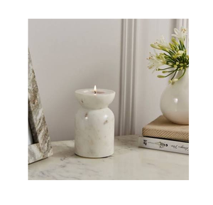 Porte-bougie en marbre naturel, bougeoir rond blanc avec bande dorée, décoration d'intérieur - Product Image 2