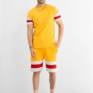 <b>Men</b> Summer Tracksuit Set <b>Yellow</b> Striped <b>Short</b> Sleeve T-Shirt and <b>Shorts</b> Casual Breathable Cotton Outfit for Adults - Product Image 2