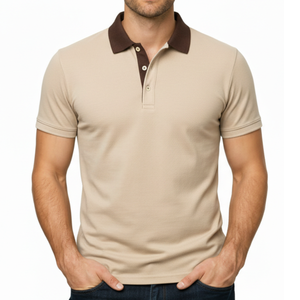 Polo beige para hombre, más vendido, con cuello en contraste marrón, manga corta, estilo urbano, corte ajustado, informal. - Product Image 1