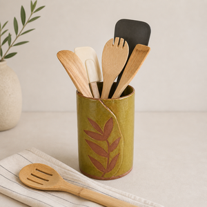 Portautensilios de Cerámica Artesanal con Motivo de Hoja Grabado, de Gres, Cocido a Alta Temperatura, Duradero, Organizador de Cocina Artístico - Product Image 1