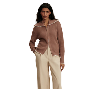 Chaqueta de punto suave para mujer con cremallera frontal, punto gofrado, borde festoneado, manga larga, cárdigan informal para uso diario. - Product Image 3