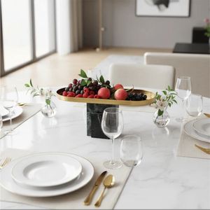 Plateau décoratif ovale moderne en métal doré avec base en marbre, centre de table, bol à fruits, plateau de service sur piédestal, plateau de décoration pour la maison - Product Image 1