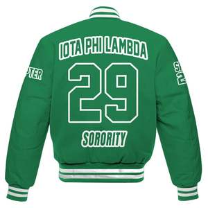 Chaqueta Universitaria Personalizada Iota Phi Lambda para Mujer, Color Verde Esmeralda, con Letras, Escudo, Número y Año, Chaqueta Bomber de la Hermandad - Product Image 6