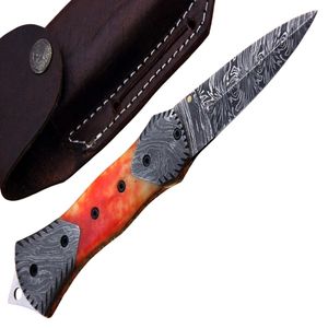 Couteau de chasse artisanal à lame fixe motif Damas, manche en bois naturel et étui en cuir pour le camping, la randonnée et les activités de plein air - Product Image 6