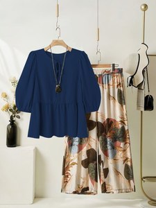 Ensemble haut à manches bouffantes et pantalon palazzo extensible importé pour femme avec poches latérales, disponible en plusieurs couleurs pour un usage décontracté - Product Image 1