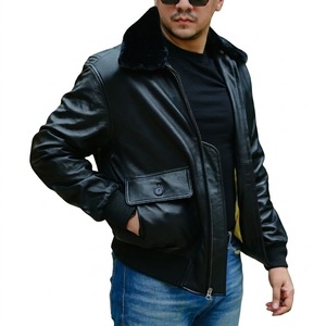 Chaqueta Bomber de Cuero Genuino Negro para Hombre, Cuello de Piel Sintética, Cortavientos, Invierno, Corte Regular, Cierre de Cremallera, Estilo Motero Urbano - Product Image 3