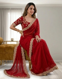 Sari de Georgette con adornos estilo Bollywood para mujer KV, con blusa sin coser - Product Image 5