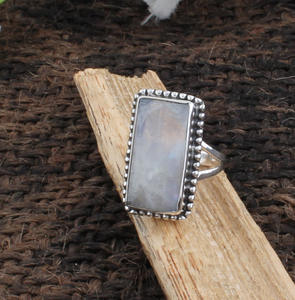 Bague en argent sterling 925 avec pierre de lune arc-en-ciel naturelle et points, pour femme, bijoux en pierre de lune feu bleue, pierre de naissance de juin, vente en gros - Product Image 2