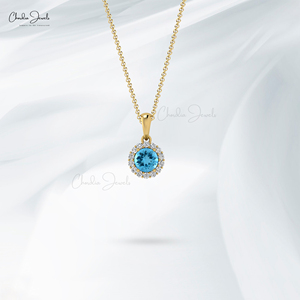 Handmade 14k <b>Solid</b> <b>Gold</b> Natural 4mm Round Brilliant Cut Swiss Blue Topaz & Diamond Halo <b>Pendant</b> Top Wholesale Suppliers - Product Image 6