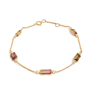 Natural Bicolor Watermelon Tourmaline and Diamond Station <b>Bracelet</b> in Solid 18K Yellow Gold – Emerald Cut <b>Gemstone</b> Link Chain - Product Image 3