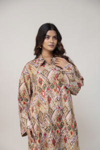 Robe chemise décontractée pour femme en ikat, 100% coton, longueur genou, manches longues, style bohème, coupe classique, printemps, été, automne, hiver - Product Image 1