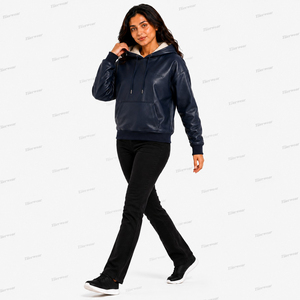 <b>Women's</b> <b>Navy</b> Blue Fleece Lined <b>Hoodie</b> Pullover Windproof Regular Fit Solid Color Full Sleeve Sweatshirt - Product Image 2