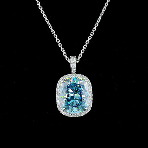 Collier pendentif halo en diamant de laboratoire bleu fantaisie taille coussin certifié IGI, plaqué rhodium, or 10K 14K 18K, argent 925 935 - Product Image 2
