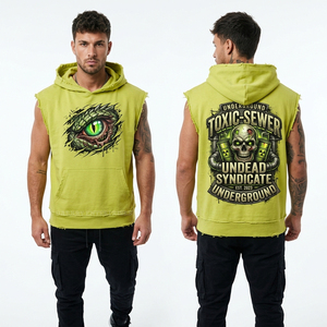 Hoodie sans manches bleu personnalisé pour homme, motif nuage de tempête délavé à l'acide, pull streetwear, gilet à capuche coupe musculaire pour la gym, fabricant - Product Image 2