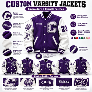 Veste universitaire Cosh International personnalisée en laine violette avec manches en cuir blanc, design brodé style baseball, écologique et respirante - Product Image 5