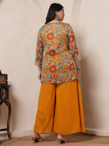DEEBACO Conjunto coordinado de moda para mujer: Top floral de georgette hasta el tobillo con Kurti y Sharara, elegante cuello en V - Product Image 4