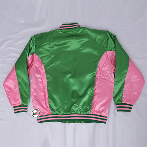 Chaqueta de satén verde y rosa con cuello vuelto, cierre de cremallera, bloques de color en contraste, manga larga, para mujer, ropa de otoño, OEM - Product Image 5