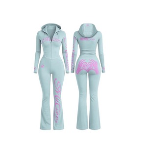 Women Hooded Full Zip <b>Tracksuit</b> <b>Set</b> Light Blue <b>Pink</b> Print Eco-Friendly Breathable Skinny Fit Long Sleeve Winter Outdoor Wear - Product Image 1