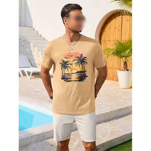 เสื้อยืดแขนสั้นลำลองผู้ชาย พิมพ์ลายพระอาทิตย์ตกแบบทรอปิคอล คอกลม ทรงปกติ ผ้าเจอร์ซีย์คอตตอน 100% - Product Image 5