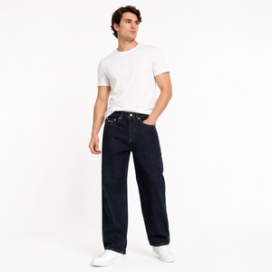 Pantalon en jean taille haute coupe large unisexe, coupe droite ample, bleu foncé, style streetwear, avec logo personnalisé, vente en gros - Product Image 1
