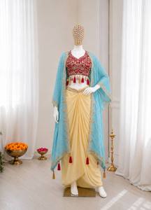 Conjunto de Lehenga Choli Bordado y Cosido para Mujer, con Shrug, Dhoti, Blusa y Dupatta de Tela, Ropa Tradicional Étnica Pakistaní e India para Fiestas - Product Image 3