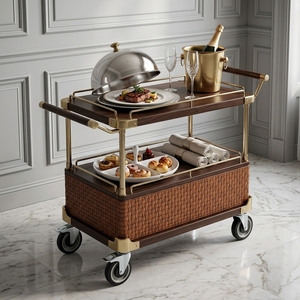 Carrito de Bar Moderno de Madera con Base Tejida, 2 Estantes, Carrito de Servicio Portátil para Cocina con Detalles Dorados - Product Image 1